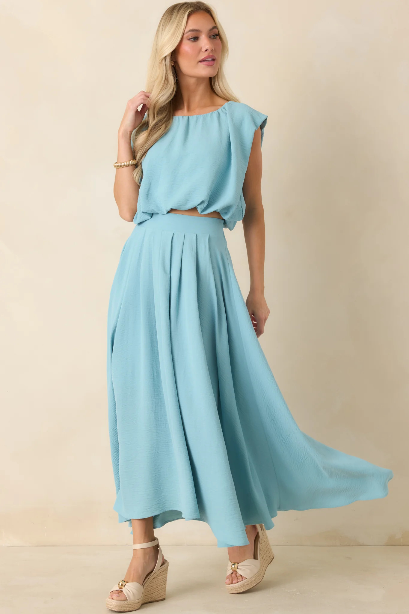 Ebb and Flow Turquoise Blouson Crop Top | Red Dress