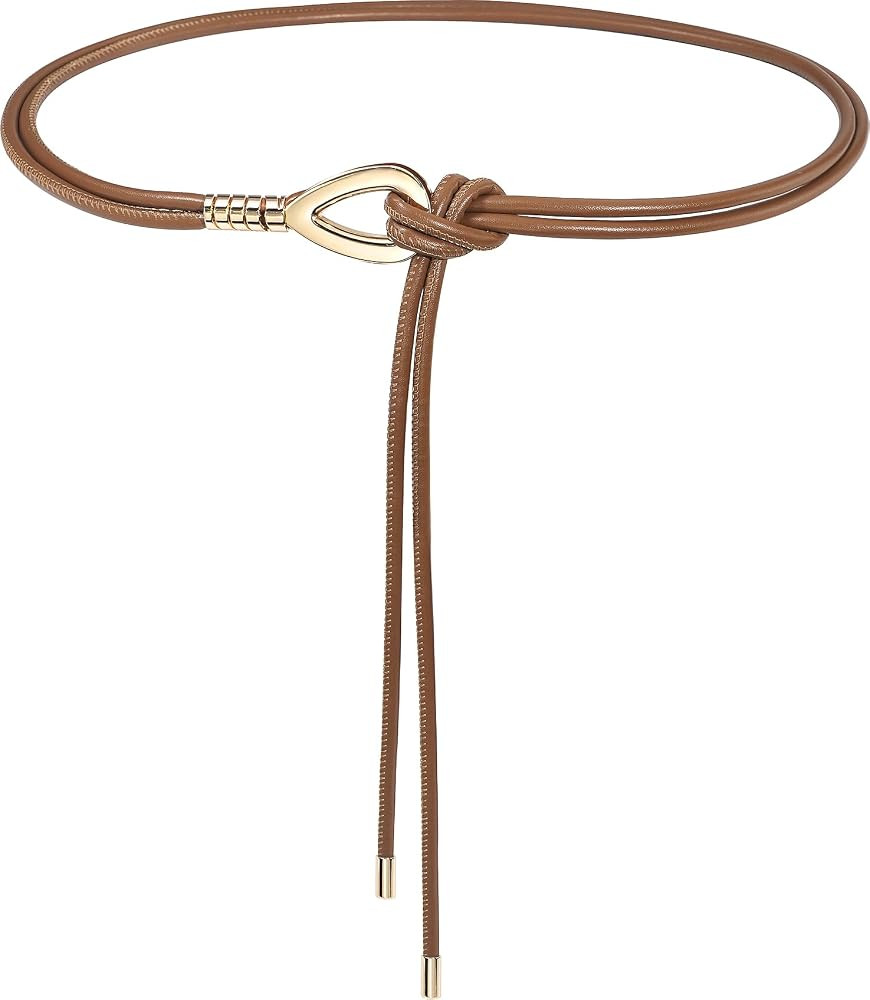 Women Knotted Skinny PU Leather Waist Belt Gold Buckle for Dresses | Amazon (US)