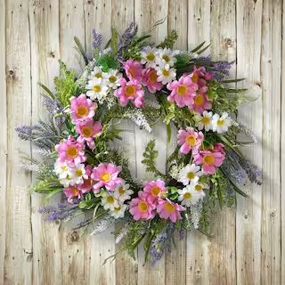 18 in. Artificial Daisy and Cosmos Flowers Wreath | The Home Depot