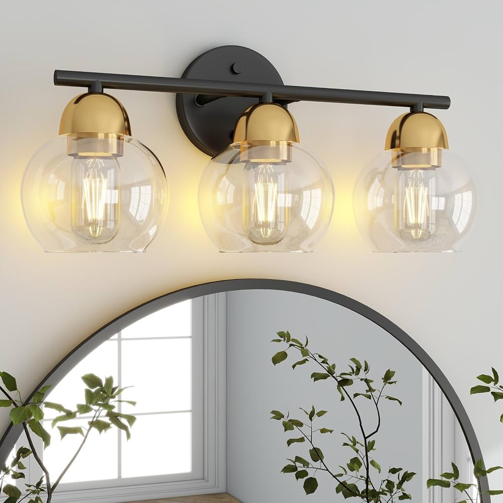 Bathroom Vanity Light Fixtures, 3-Light Black and Gold Vanity Lighting Fixtures with Globe Glass ... | Amazon (US)