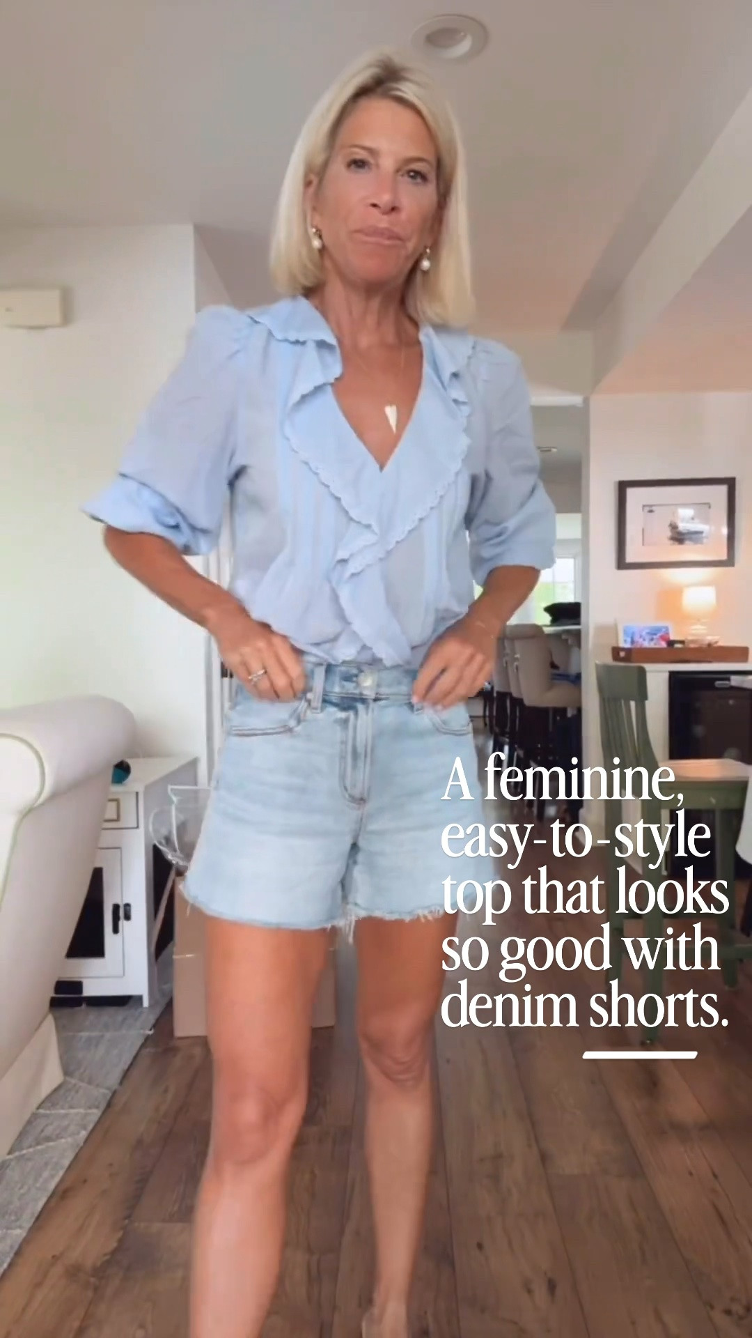 This blouse is such a pretty way to add a little femininity to your everyday look. I love the soft blue color, ruffle details, and the way it looks with these light-wash denim shorts. Such an easy outfit for summer!

👩‍💻 LTK PRO TIPS
❤️ Heart = Support my posts ;-)
🔖 Save = Get sale & restock alerts for the things you love!
📋 Lists = Keep favorites organized (List ideas: Christmas, Birthdays, and Vacations!)
📲 Share = Send lists and products to a friend (or your daughters like me).
💬 Comment = Ask me anything, and I’ll answer. ;-)

#LTKootd #LTKOver40 #LTKSeasonal