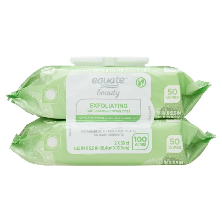 Equate Beauty Exfoliating Wet Cleansing Towelettes with Cucumber, Aloe, and Green Tea, 100 Count | Walmart (US)