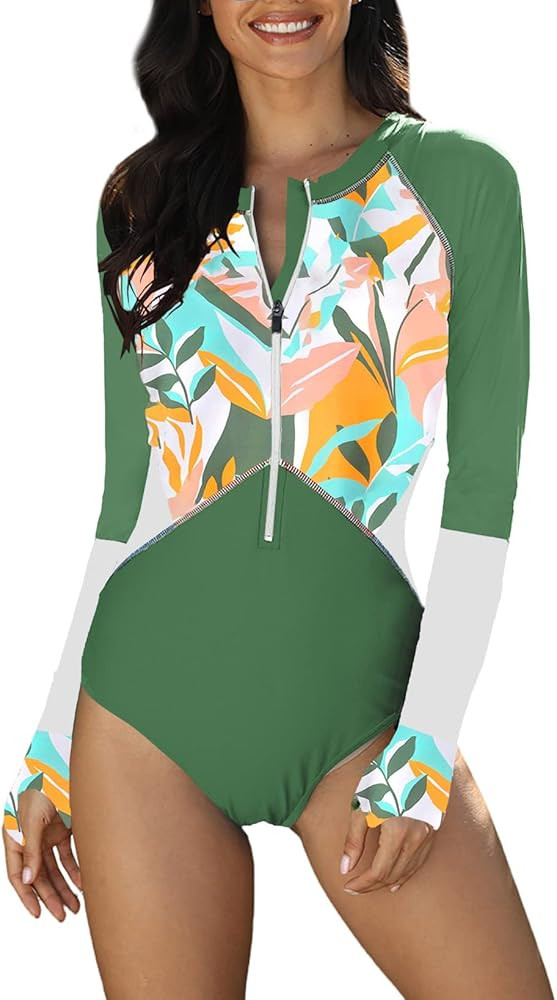 AZOKOE Womens Summer Beach Printed Zip Front Maillot One Piece Swimsuit Swimwear | Amazon (US)