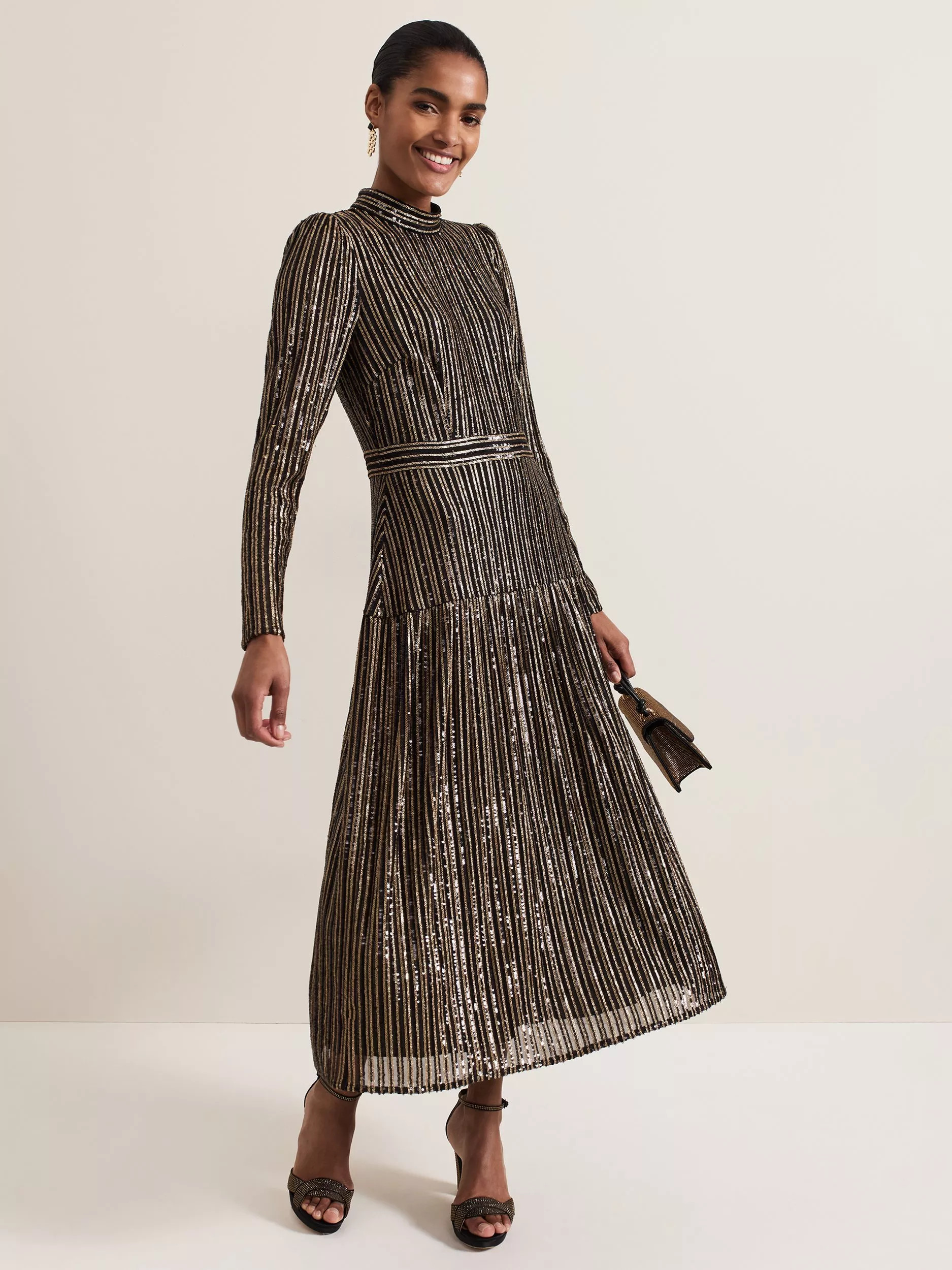Phase Eight Gloria Sequin Stripe Drop Waist Midi Dress, Black/Gold | John Lewis (UK)