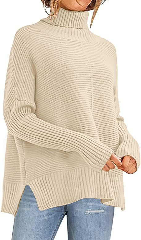 Caracilia Women's Turtleneck Oversized 2022 Fall Long Batwing Sleeve Pullover Knit Tunic Sweater ... | Amazon (US)