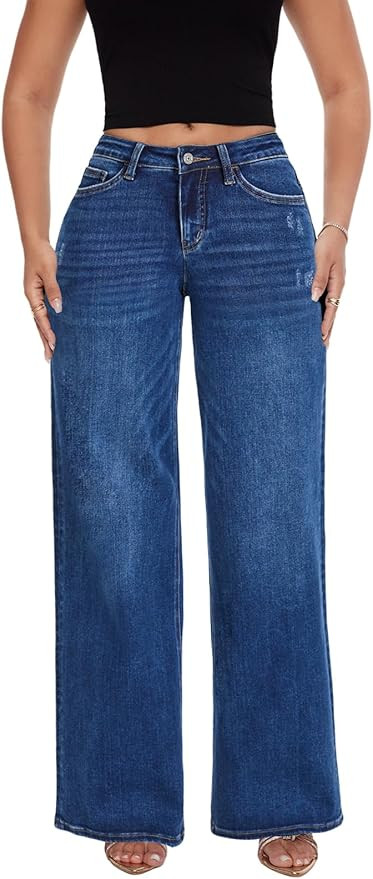 ONESO Mid-Low Rise Baggy Jeans Wide Leg for Women Distressed Pants Stretchy Bottom Lady Basic Com... | Amazon (US)