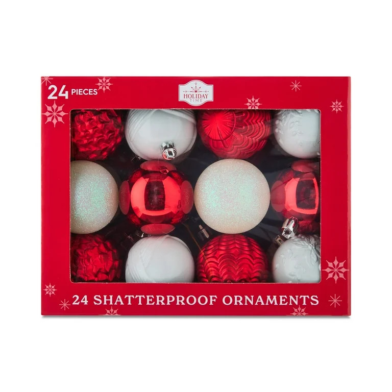 24-Count Red and White Shatterproof Multi-Textured Christmas Ornaments, 2.36 in, by Holiday Time | Walmart (US)
