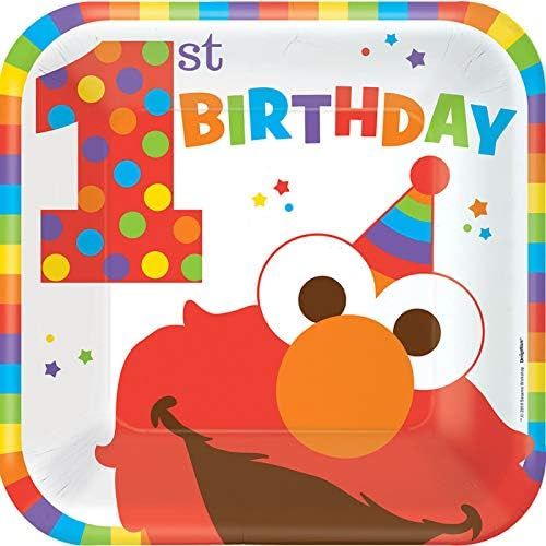 Amscan 551835 Sesame Street "Elmo Turns One" Square Plates, 9", 8 pcs, Birthday | Amazon (US)
