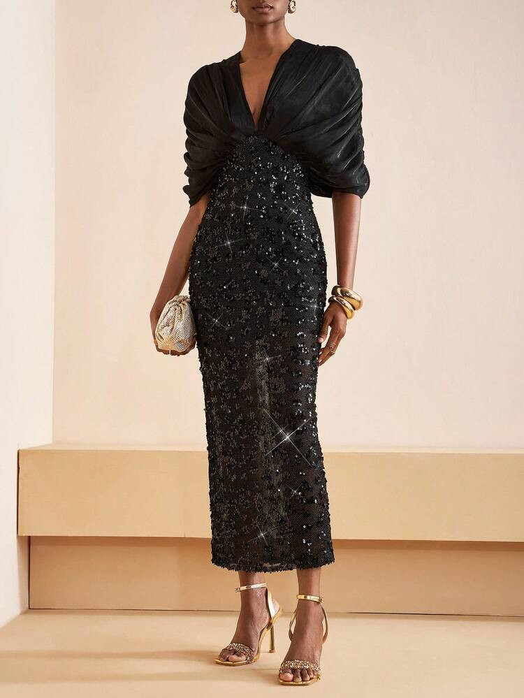 Zivah 2025 Autumn New Arrival Dress, Suitable For Birthday Party, Party, Banquet, Back To School Season, Collegiate Style, Student Wear, Daily Outing, Basic Versatile, Casual, Cruise Travel, Fashionable, Streetwear, Elegant, Commute, Business Casual, Deep V-Neck 3/4 Sleeve, Glitter Fabric Ruched Bottom With Sequin Patchwork, Lined, Black Glitter Fabric, Autumn Long Dress, Women Dress,Wedding Guest Dress Women | SHEIN