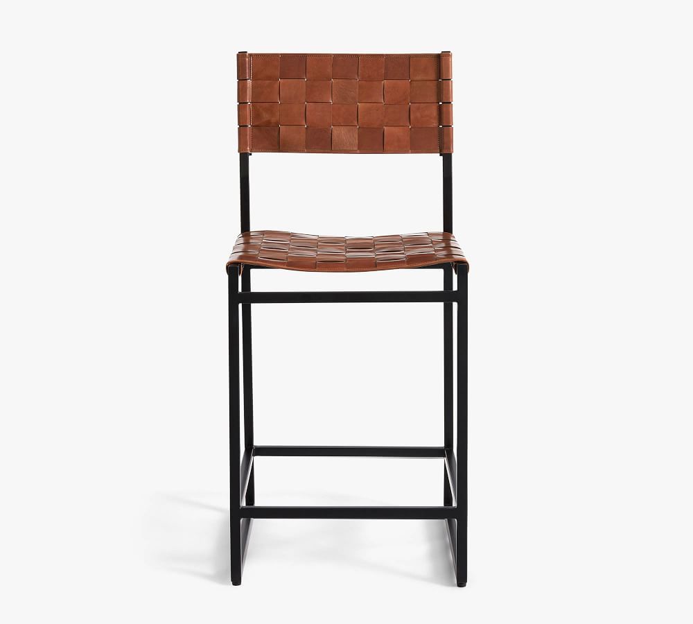 Hardy Woven Leather Counter Stool, Bronze/Saddle Tan Leather | Pottery Barn (US)