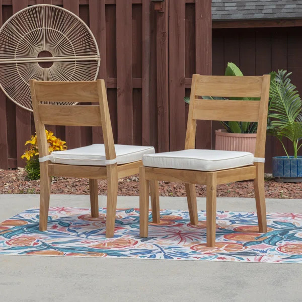 Keef Keed Outdoor Solid Teak Wood Cushioned Dining Chair (Set of 2) | Wayfair North America