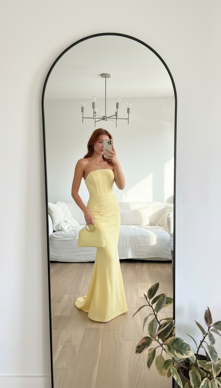 Obsessed with this butter yellow strapless maxi dress 💛✨ — the most perfect spring wedding guest dress for 2026. This elegant fitted silhouette is so flattering and gives that effortless quiet luxury vibe. Styled with a matching bag for a monochromatic moment, making it perfect for garden weddings, formal weddings, and spring/summer events 💐 

 #LTKootd #LTKWedding
