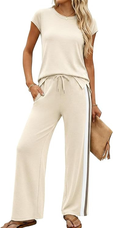 Casly Lamiit 2 Piece Pants Set for Women Travel Set Short Sleeve Track Suits Shirt and Pants Set ... | Amazon (US)