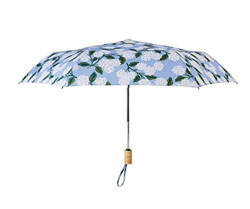 RIFLE PAPER CO. Umbrella | Matching Storage Sleeve, Portable Fold Up Size, Auto Open and Close, Wooden Handle, 43" Open Diameter, Printed in Full Color (11⅛" Closed Length), Hydrangea | Amazon (US)