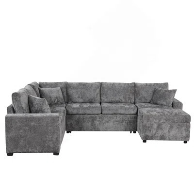 112.2" Sectional Sofa Pull-Out Sofa Bed Sleeper With A Storage Ottoman,Three Pillows And Charging Devices For Living Room, Grey | Wayfair North America