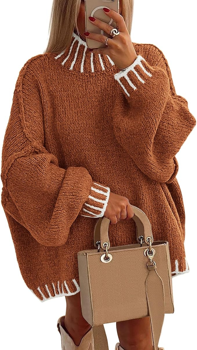 PRETTYGARDEN Women's 2025 Fall Oversized Pullover Sweaters Long Sleeve Mock Neck Chunky Knit Jump... | Amazon (US)