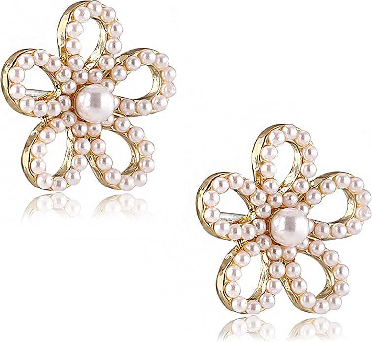 Pearl Flower Stud Earrings with Sweet and Elegant with S925 Silver Needle and14K Gold Plated Gift... | Amazon (US)