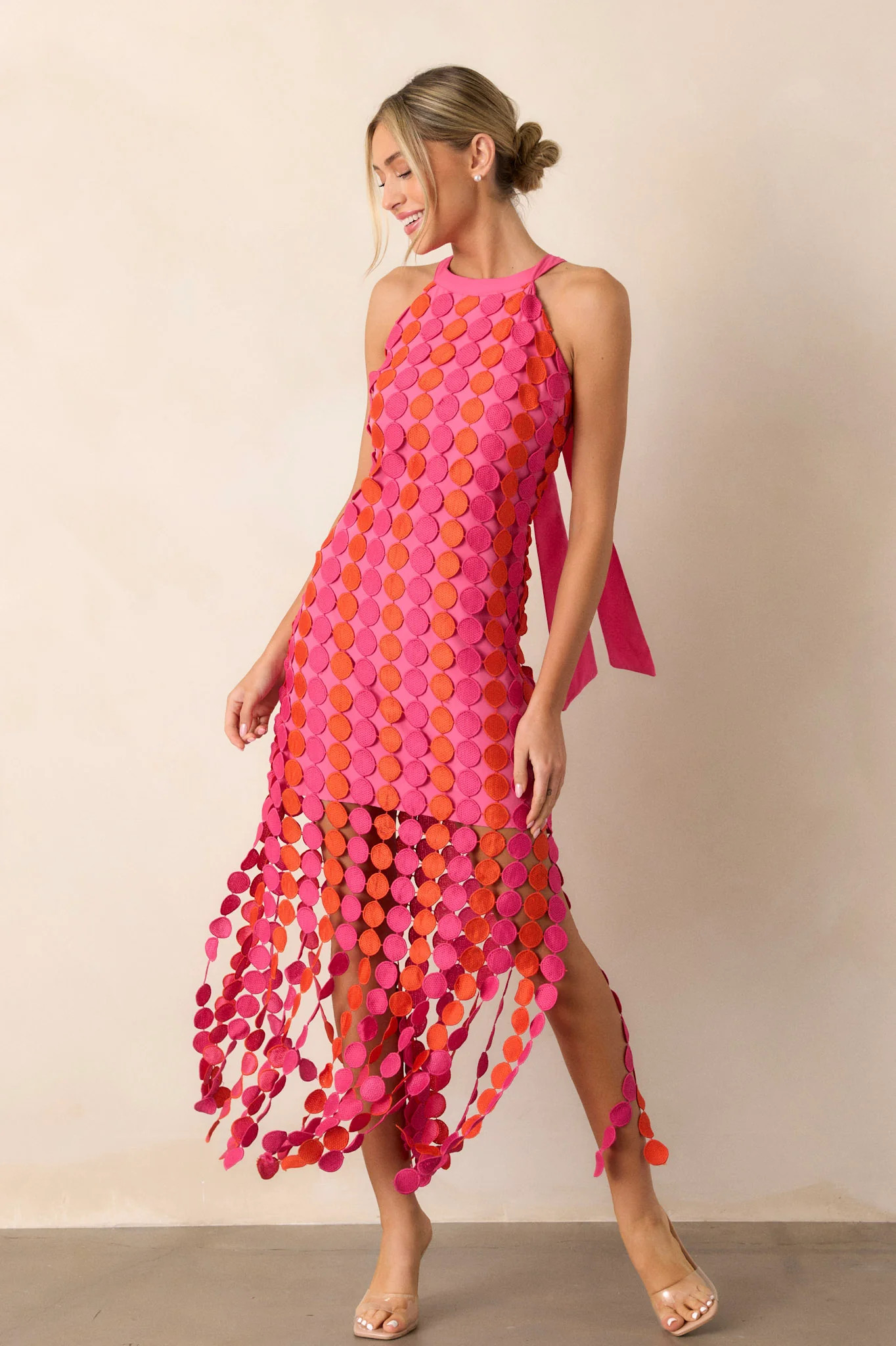 Dream Avenue Hot Pink Fringe Halter Top Midi Dress | Red Dress
