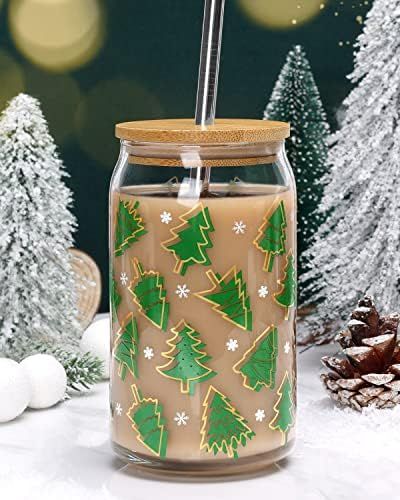 Christmas Cup with Bamboo Lid and Metal Straw 16oz Xmas Tree Beer Can Glass Iced Coffee Cups Drin... | Amazon (US)