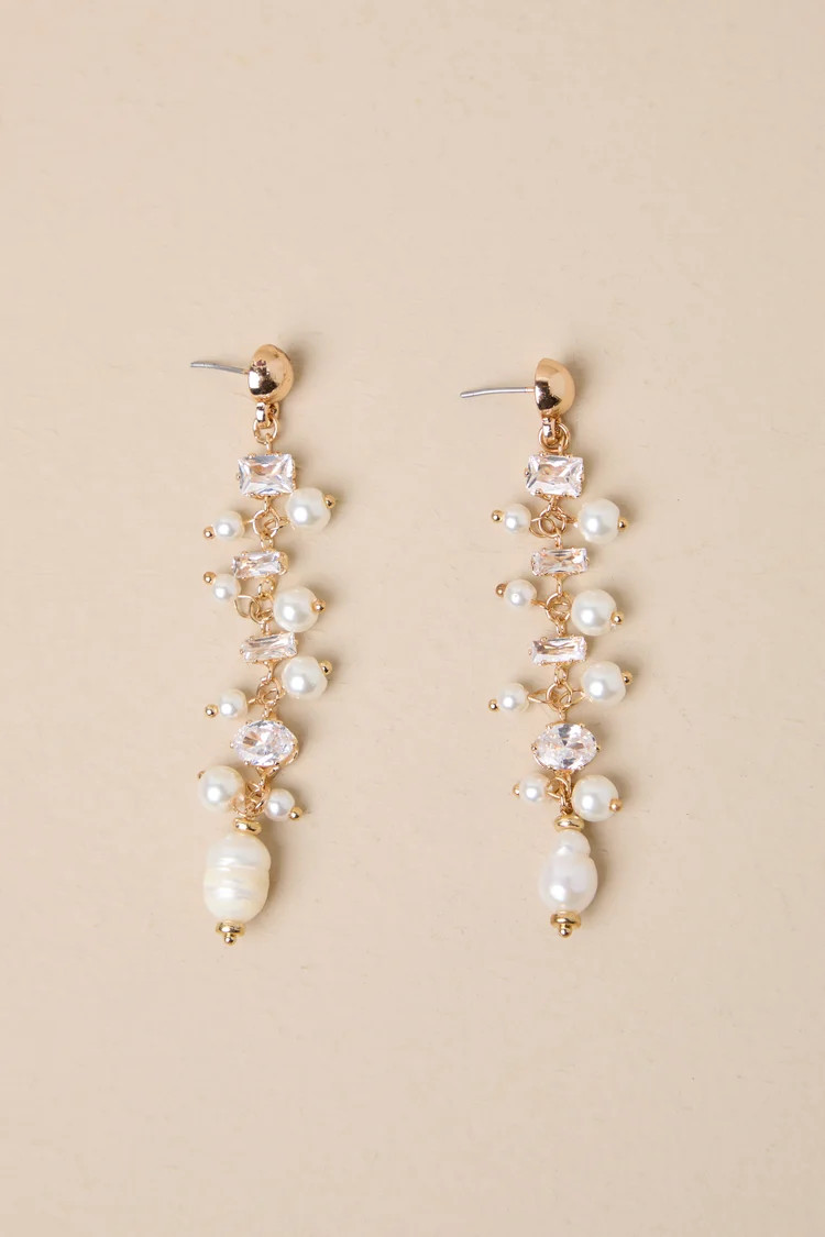 Decadent Approach Gold Pearl Rhinestone Drop Earrings | Lulus