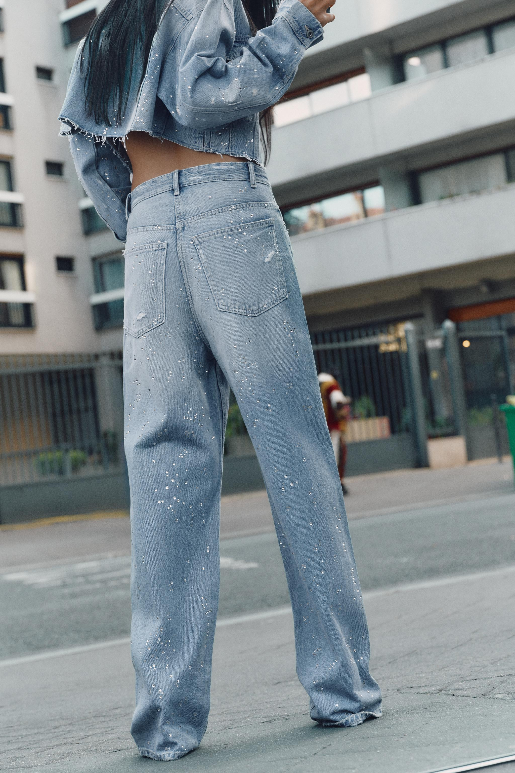 TRF HIGH-WAISTED STRAIGHT-LEG RHINESTONE JEANS | Zara US