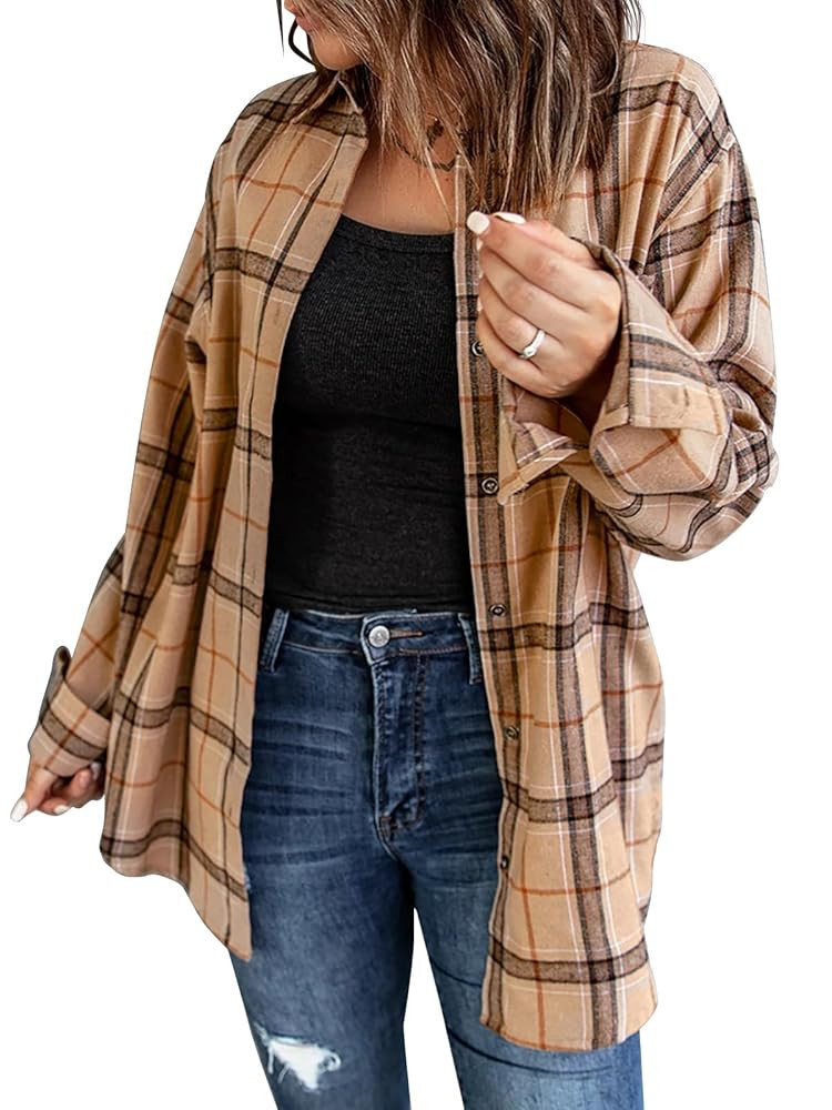 Womens Long Sleeve Plaid Shirts Flannel Collared Button Down Shackets Casual Rolled Up Boyfriend ... | Amazon (US)