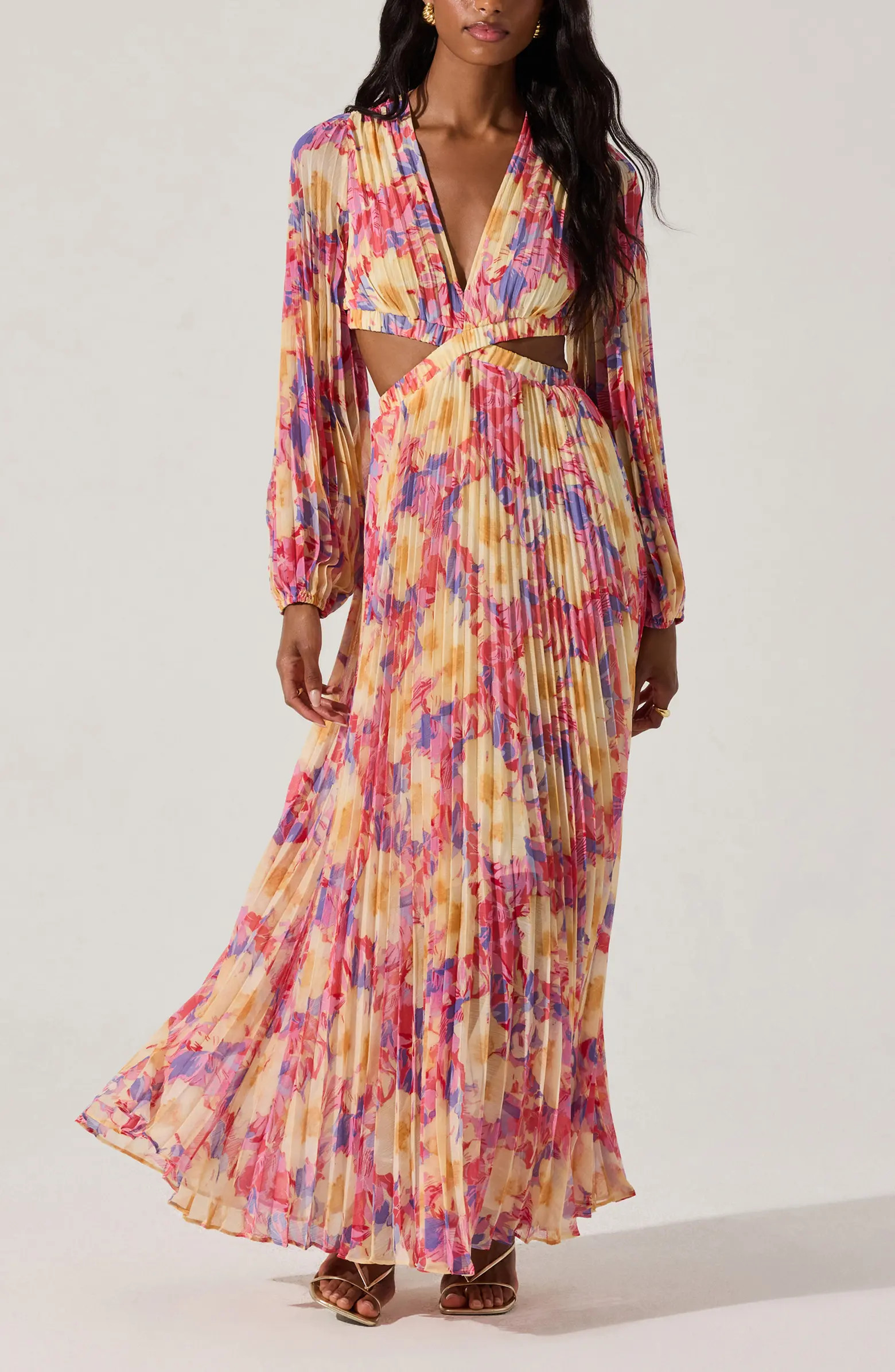 Revery Floral Pleated Cutout Long Sleeve Maxi Dress | Nordstrom Rack