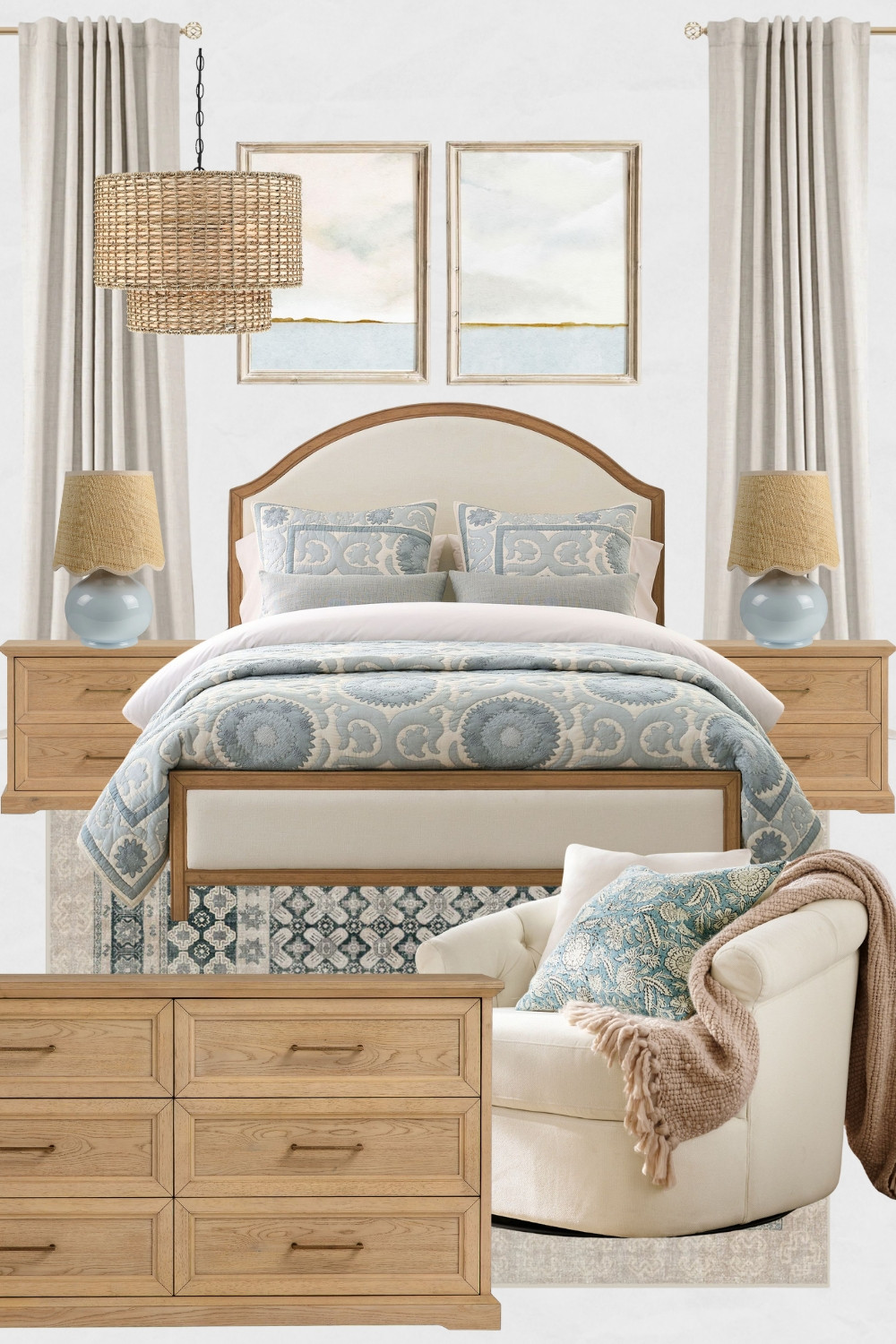 Calm Coastal Bedroom Moodboard, Coastal Bedroom Design Ideas, White and Blue Bedroom Decor, Beach House Bedroom, White Oak Nightstand, White Oak Dresser, Blue and White Wall Art, White Curtains, Rattan Chandelier

#homedecor #coastalbedroom #coastalhome #beachhouse #calmcoastal #instahome 

 #LTKHome #LTKSaleAlert