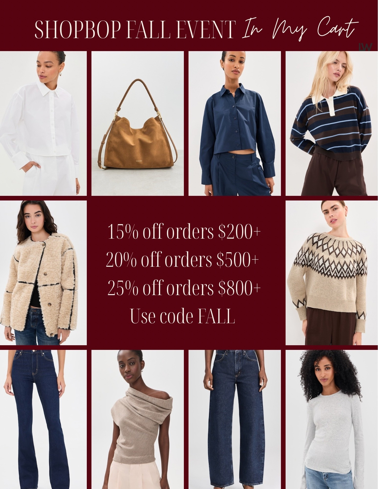 Shopbop Fall Event is Here!
15% off orders $200+  
20% off orders $500+   
25% off orders $800+  
Use code FALL