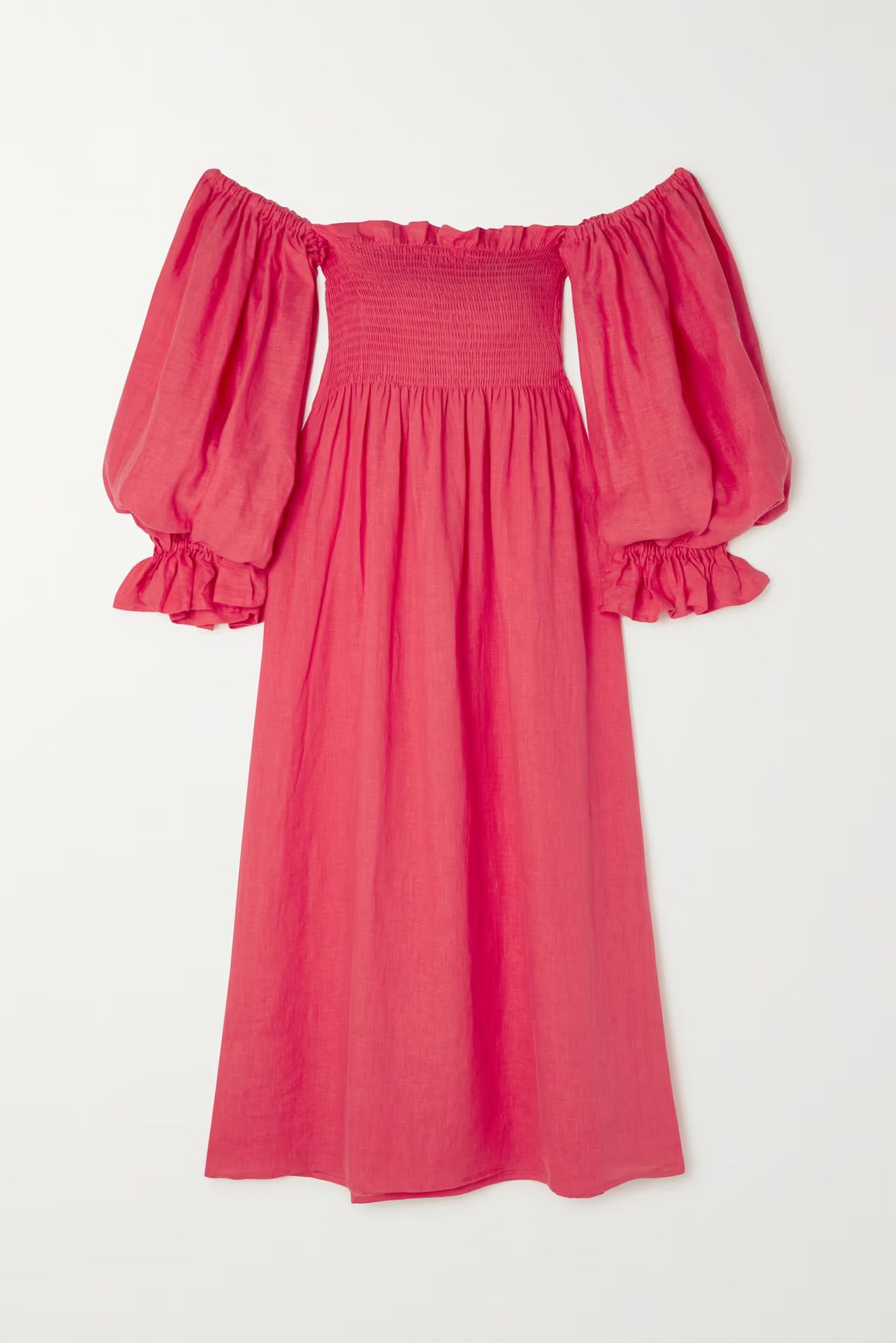 Sleeper - + Net Sustain Atlanta Belted Smocked Linen Maxi Dress - Pink | NET-A-PORTER (US)