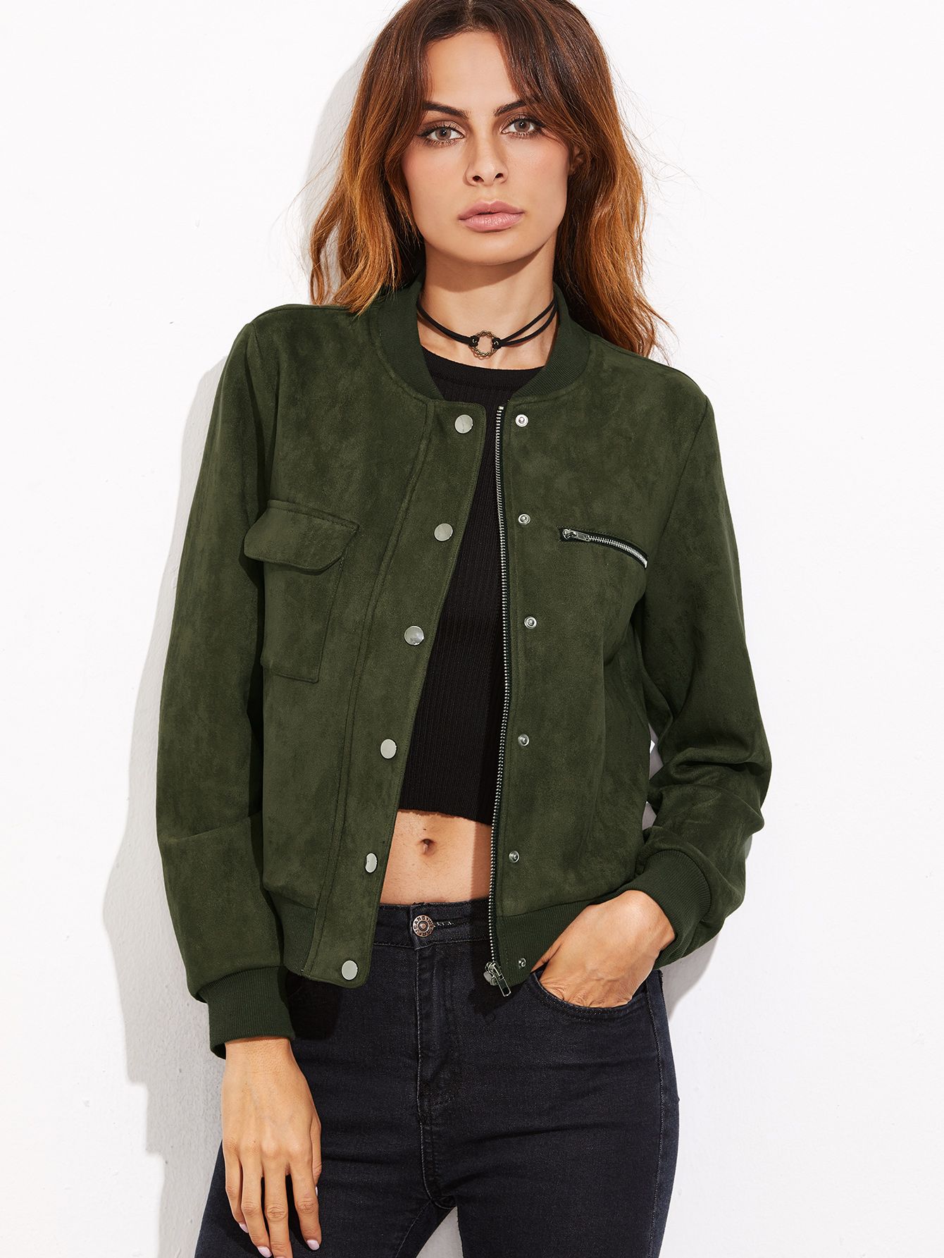 Olive Green Suede Hidden Zip Bomber Jacket | SHEIN