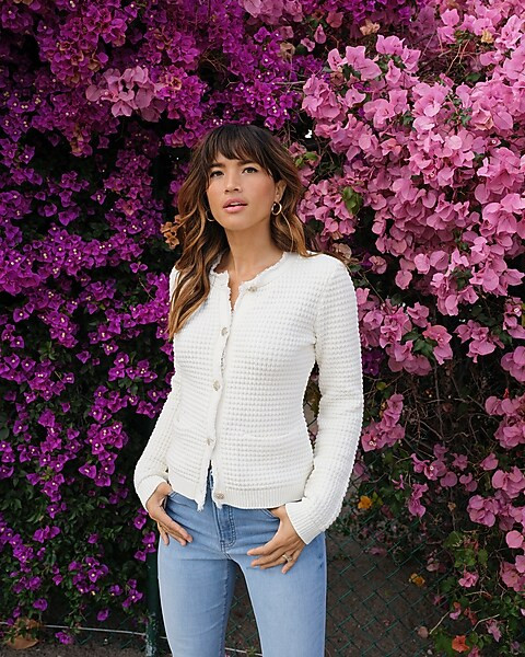 Textured Embellished Button Fringe Sweater Jacket | Express