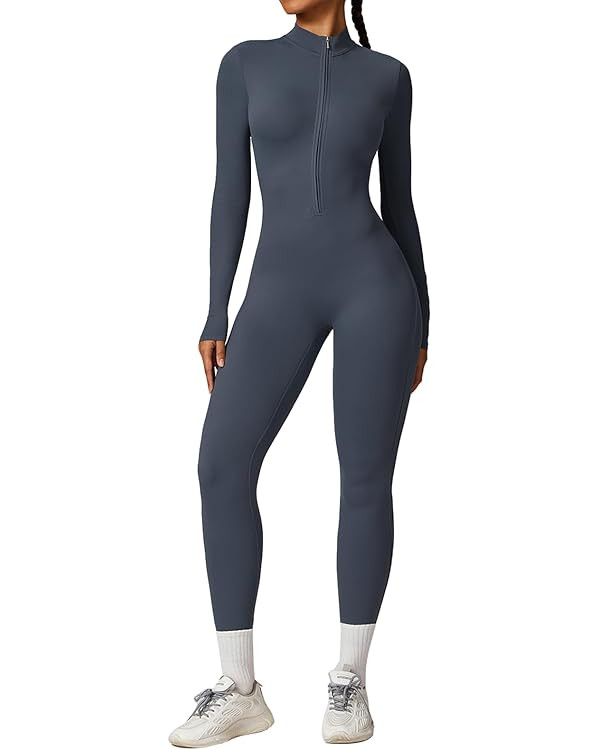 ECUPPER Women Long Sleeve Bodycon Jumpsuits Workout Zip Up Unitard One Piece Full Bodysuits Sexy ... | Amazon (US)