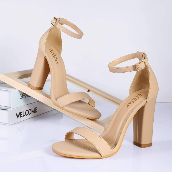 Nude Black Silver Heels for Women 4 Inches Block High Heels Strappy Womens Heels Open Toe Sandals... | SHEIN