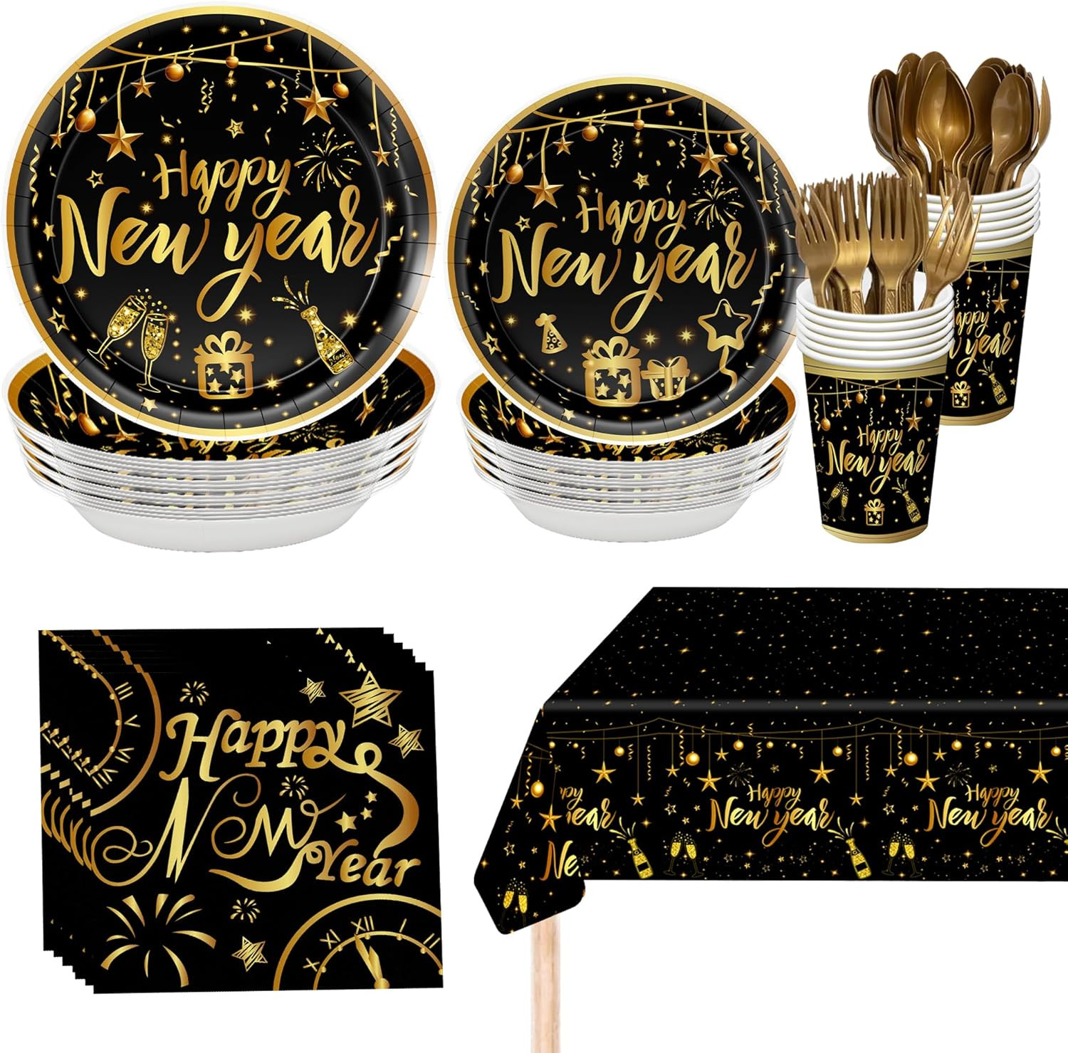 KatchOn, Happy New Year Plates Cups and Napkins Set - Serves 25 Guest | New Years Eve Party Suppl... | Amazon (US)
