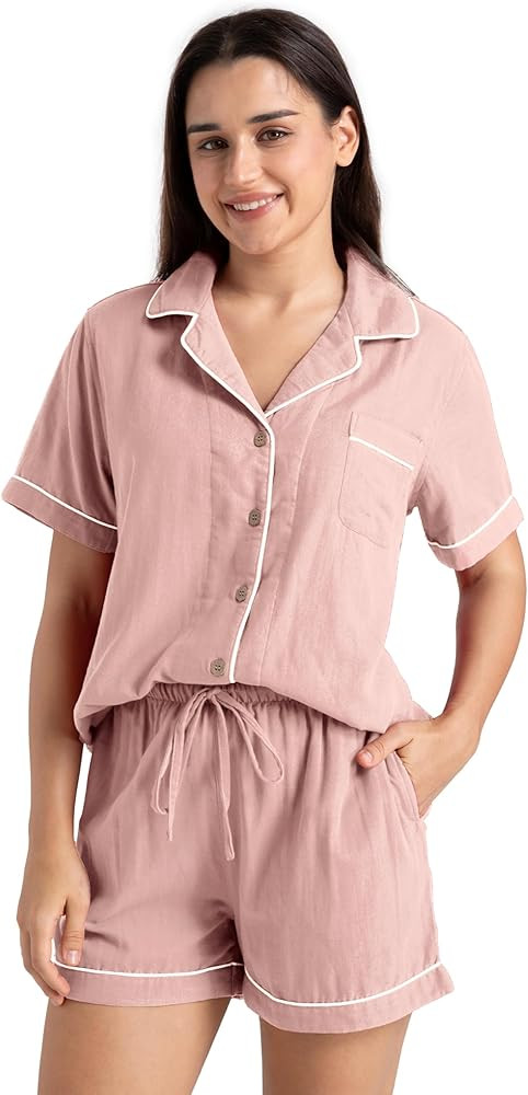 Womens Pajamas Set 100% Gauze Cotton Linen Like 2 Piece Button Down Short Pjs Sets Soft Comfy Sle... | Amazon (US)