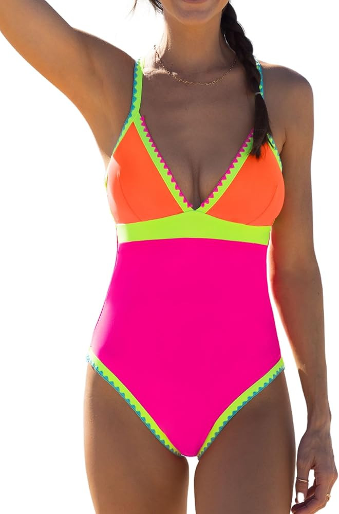 popvil Women One Piece Swimsuit Tummy Control Bathing Suit Neon Color Block Swim Suits Slimming C... | Amazon (US)