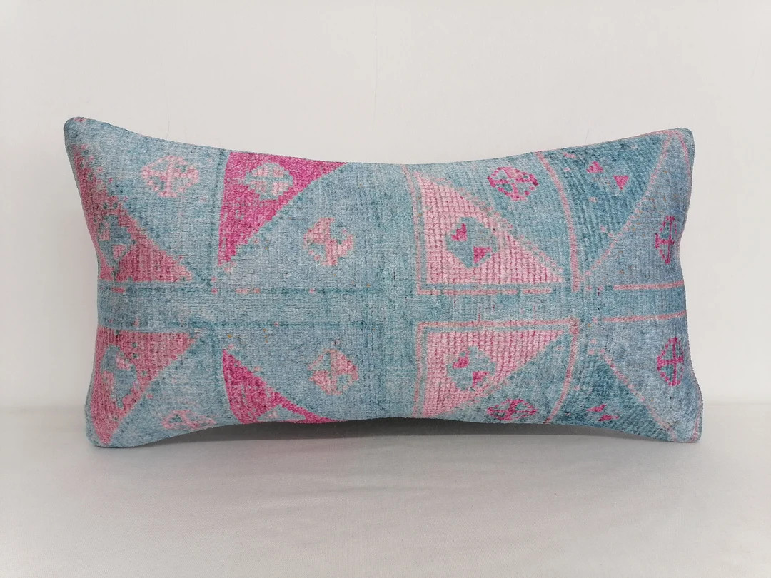 Handmade Rug Pillow, Turkish Cushion Cover, Bohemian Pillow, Blue Pink Pillow, Lumbar Pillow, Cou... | Etsy (US)