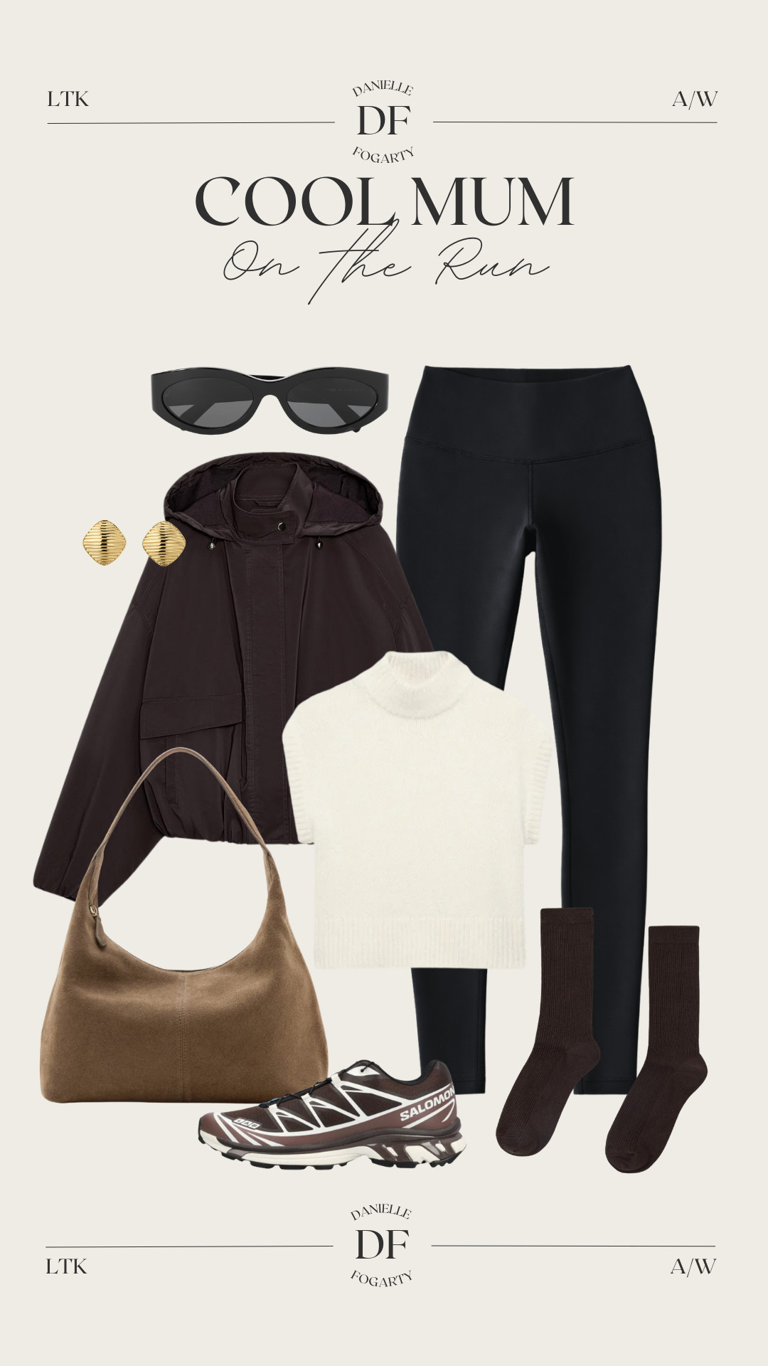 Cool Mum on the Run: Mint Velvet, Mango Suede Bag, Lulu Lemon Brown Leggings, D. Louise Earrings, Celine Sunnies, Chocolate Salomon, Knitted Vest, Zara Hooded Jacket, Spring Dressing, Transitional Layers, Chocolate Brown Outfit 

 #LTKuk #LTKspring #LTKeurope