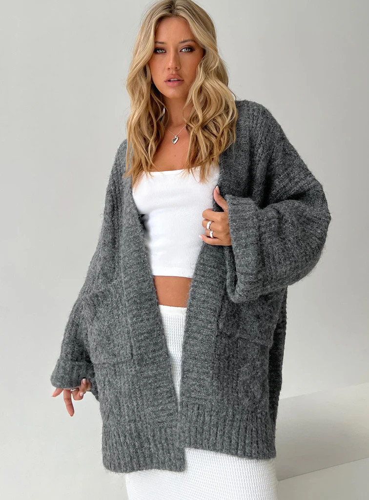 Paisleigh Cable Knit Cardigan Charcoal | Princess Polly US