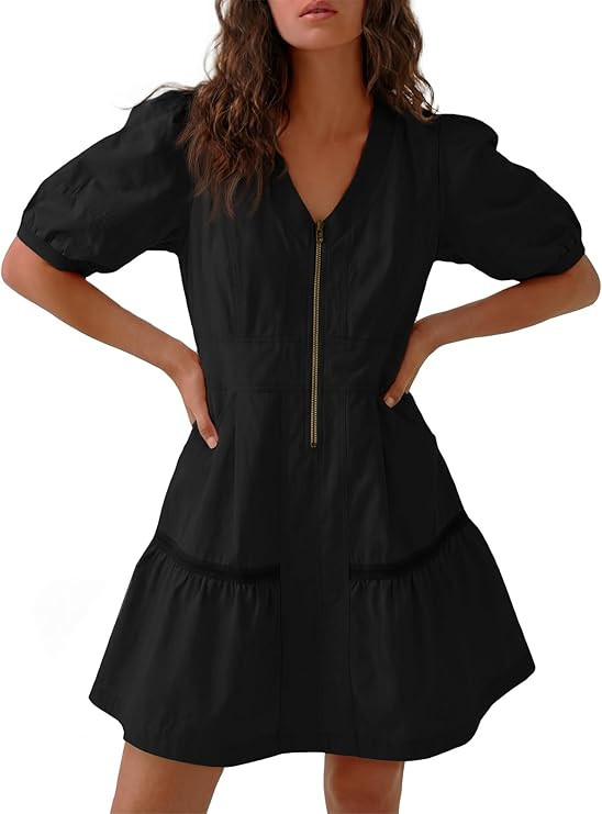 Fisoew Women's Short Sleeve Mini Dress Casual Half Zip V Neck Loose Mesh Back Utility Summer Dres... | Amazon (US)