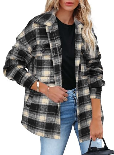 Beaully Women's Flannel Plaid Shacket Long Sleeve Button Down Shirts Jacket Coats with Side Pockets 6017E Black/Beige L | Amazon (US)