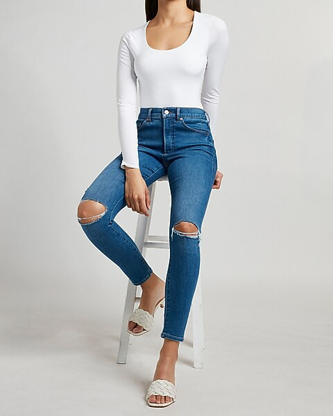 Body Contour Scoop Neck Double Layer Thong Bodysuit | Express