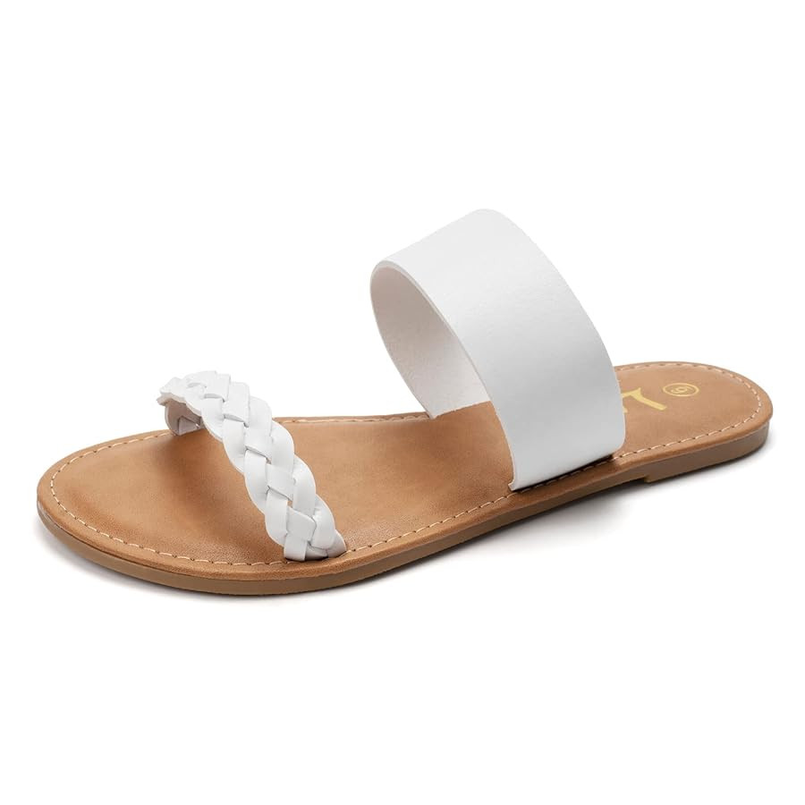 LM Women's Braided Slide Sandals Open Toe Two Band Slip On Flat Sandals Casual Summer Sandals | Amazon (US)