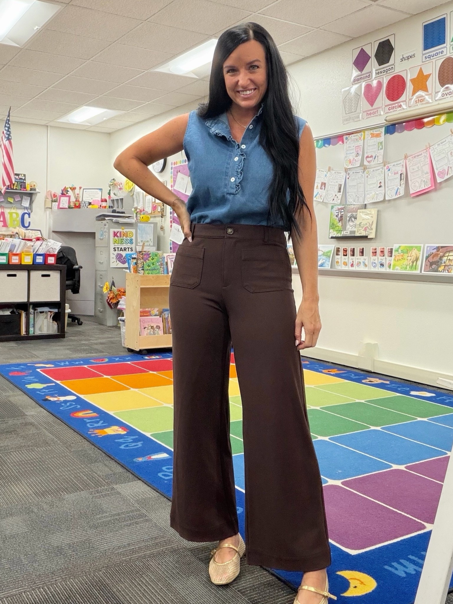 Teacher fall OOTD!

Amazon denim top: size small, comes in more washes

Loft Ponte Palmer pants in brown (also come in more colors). I’m in a size up but my normal size fit fine, too.

My mesh ballet flats are sold out from J.Crew Factory, but I linked similar ones on Amazon.