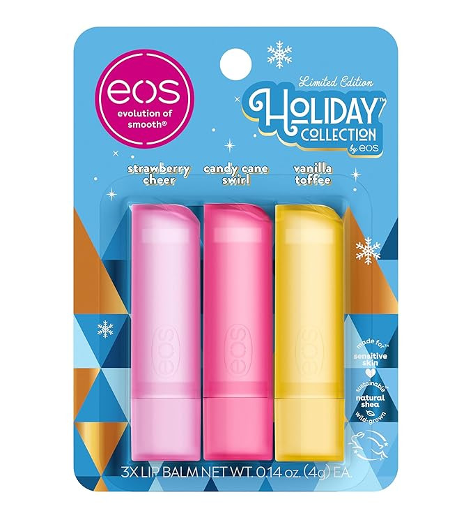 eos Holiday Lip Balm Gift- Strawberry Cheer, Candy Cane Swirl & Vanilla Toffee, Stocking Stuffers... | Amazon (US)