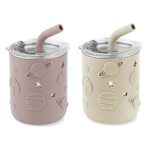 PandaEar 2 Pack Stainless Steel Toddler Cups with Lids & Silicone Sleeves | 8.8 oz Spill Proof Sippy Cups with Straw Stopper & Teething-Friendly Straws for Kids & Babies (Beige & Pink) | Amazon (US)