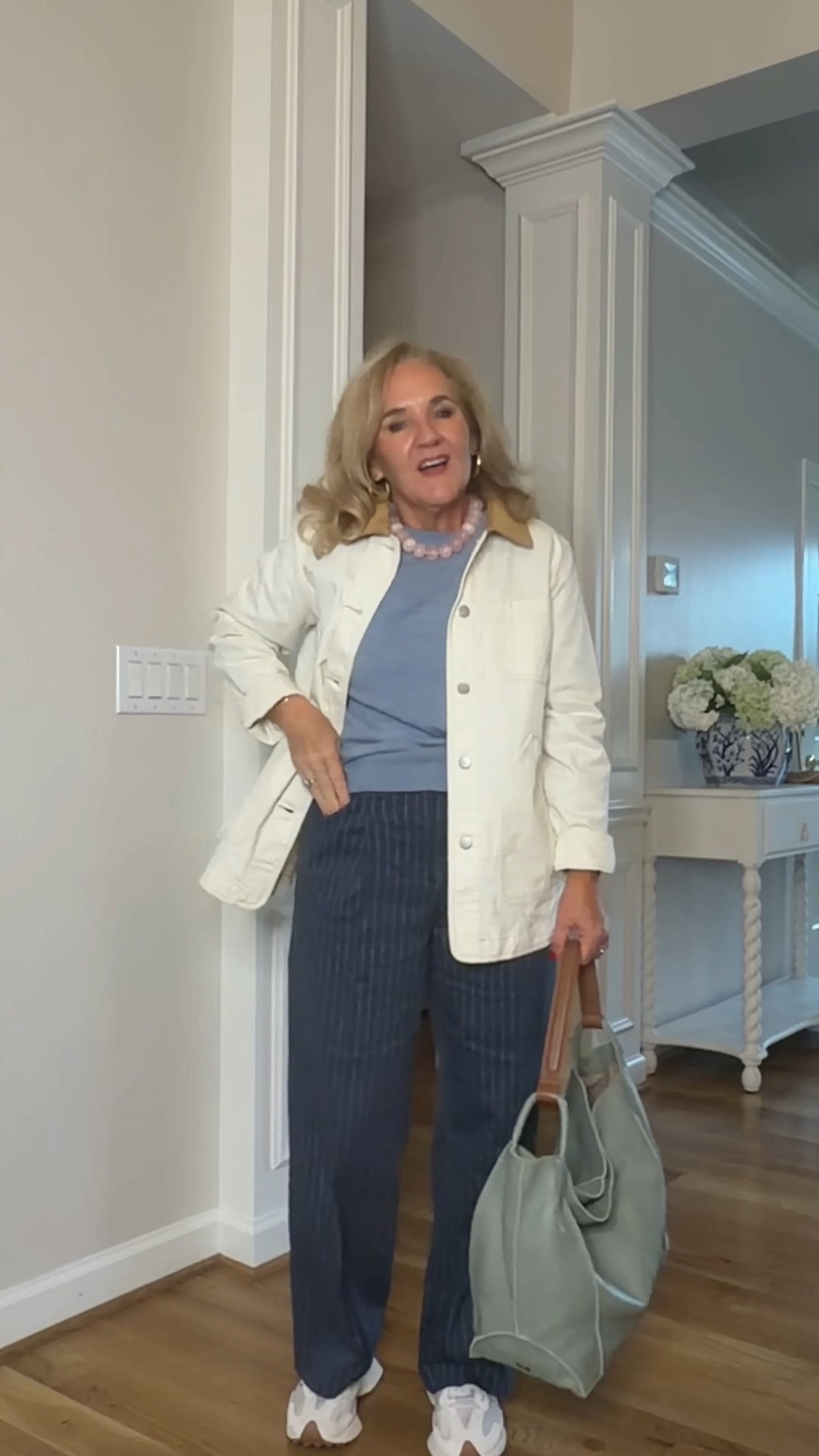 These are the pants to a suit, but they really just a nice denim trouser here. I’m wearing a size 6 petite I did size down.
The lightweight barn jacket is great for layering or for￼ milder Climate size medium
Sweater size medium

#LTKSaleAlert #LTKOver40 #LTKootd