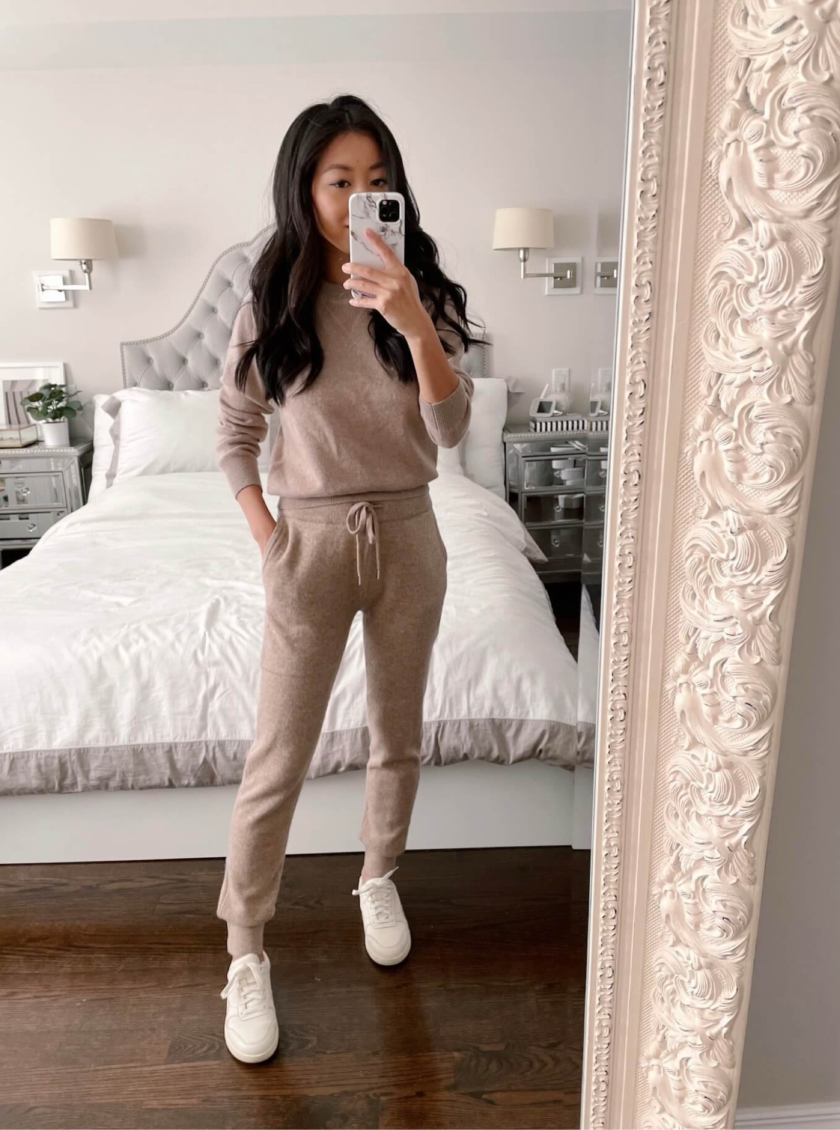 tonal loungewear // petite friendly affordable cashmere 

•Quince shrunken cashmere sweatshirt xs
•Quince cashmere sweatpants xs - the banded bottom cuffs make these a petite friendly length!
•Everlane sneakers sz 5

#petite

#LTKunder100 #LTKSeasonal