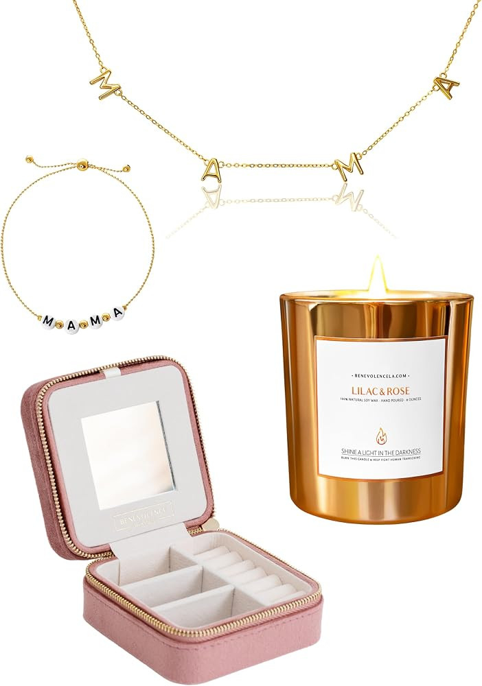 Benevolence LA Mama Gift Set | Travel Jewelry Case - Dusty Pink, MAMA Necklace & MAMA Bracelet, L... | Amazon (US)